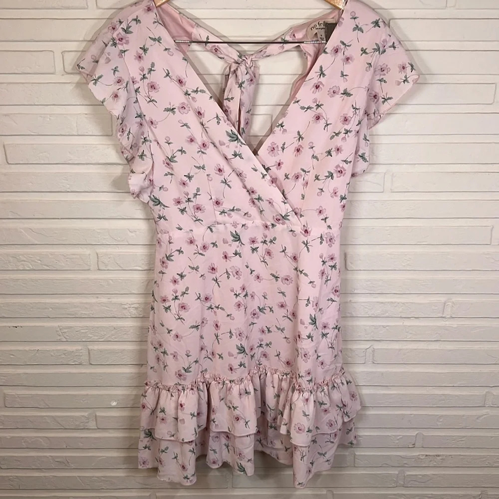 No Frills Pink Floral Ruffle Open Back Mini Dress, Women’s Size Medium